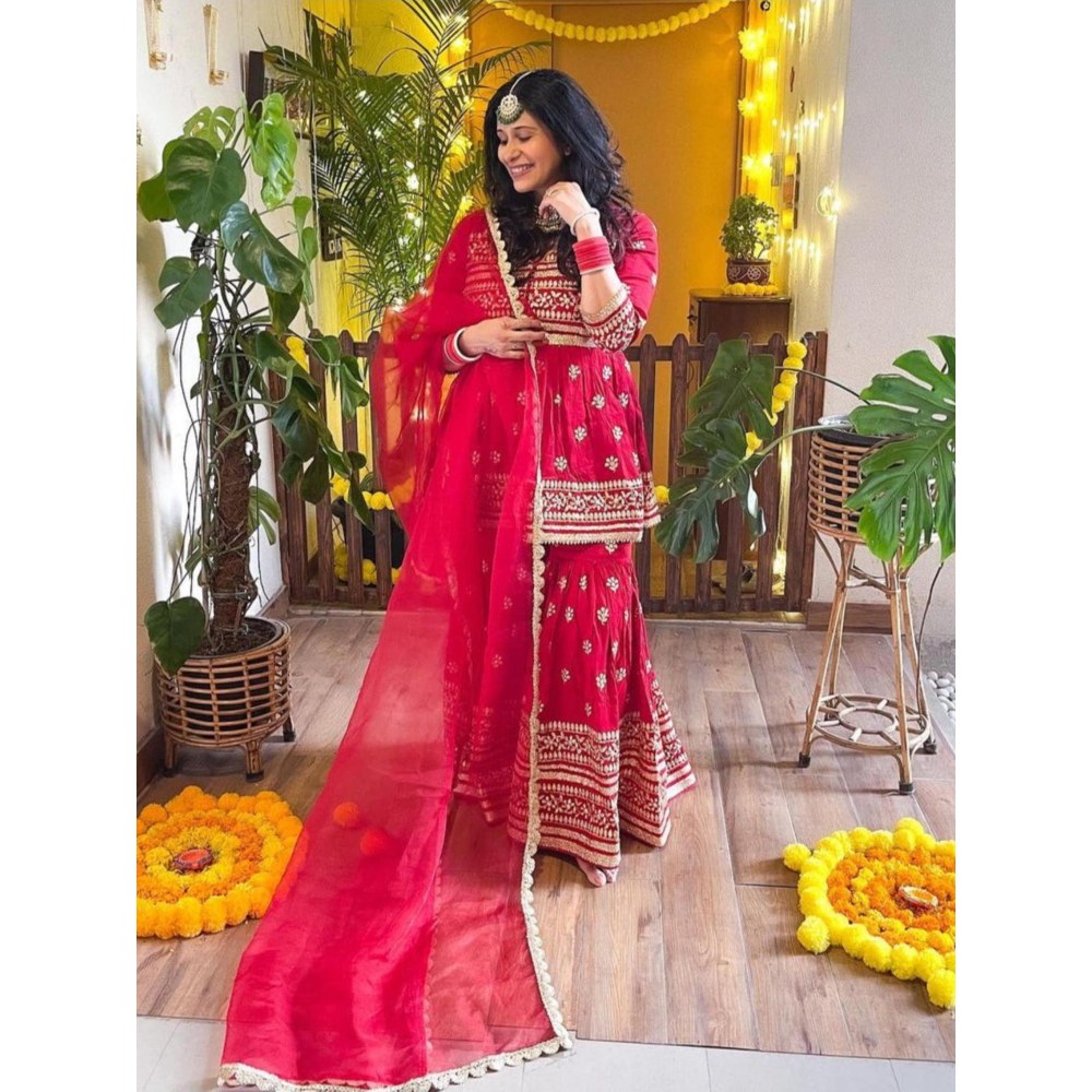Gopi Vaid Marigold Red Embroidered Kurta with Sharara and Dupatta