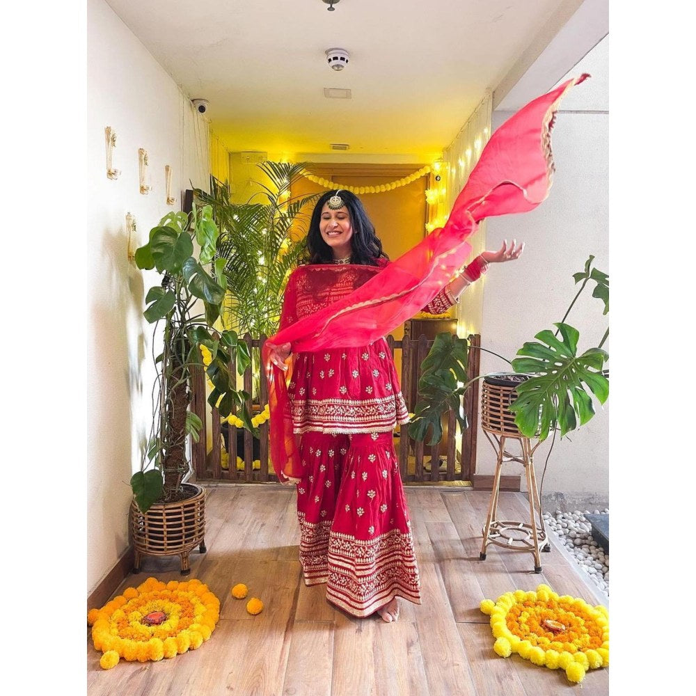 Gopi Vaid Marigold Red Embroidered Kurta with Sharara and Dupatta