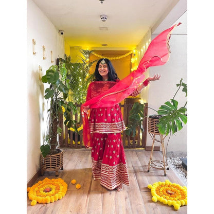 Gopi Vaid Marigold Red Embroidered Kurta with Sharara and Dupatta