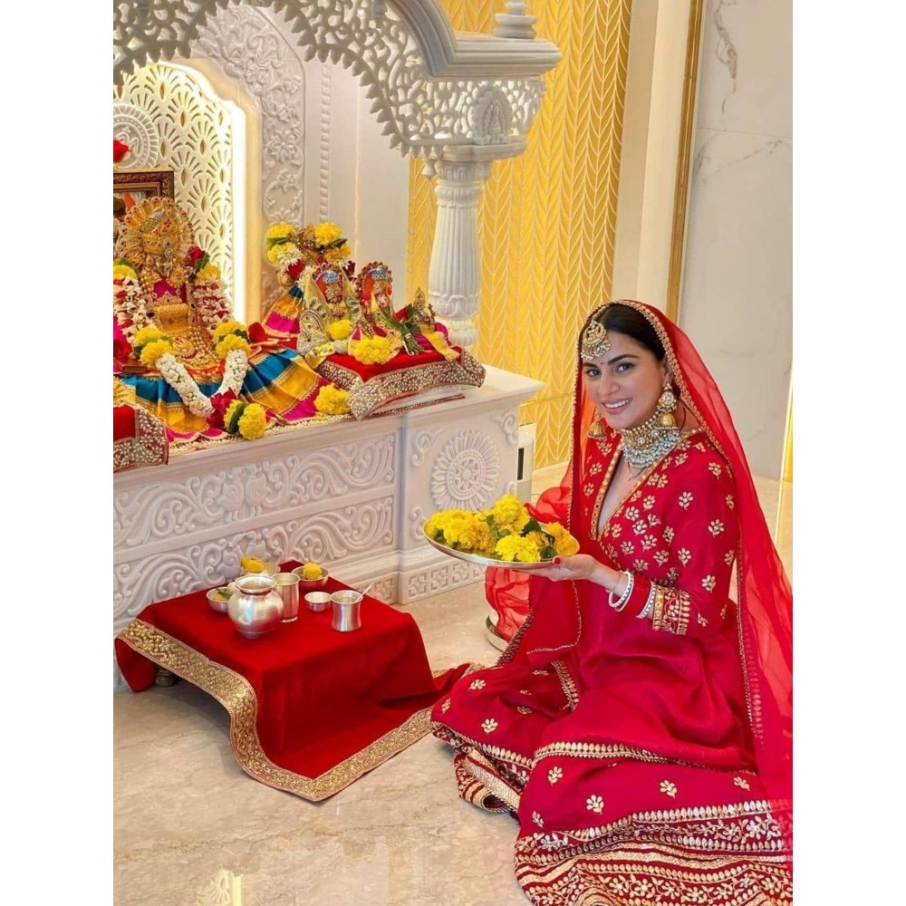 Gopi Vaid Marigold Red Embroidered Kurta with Sharara and Dupatta