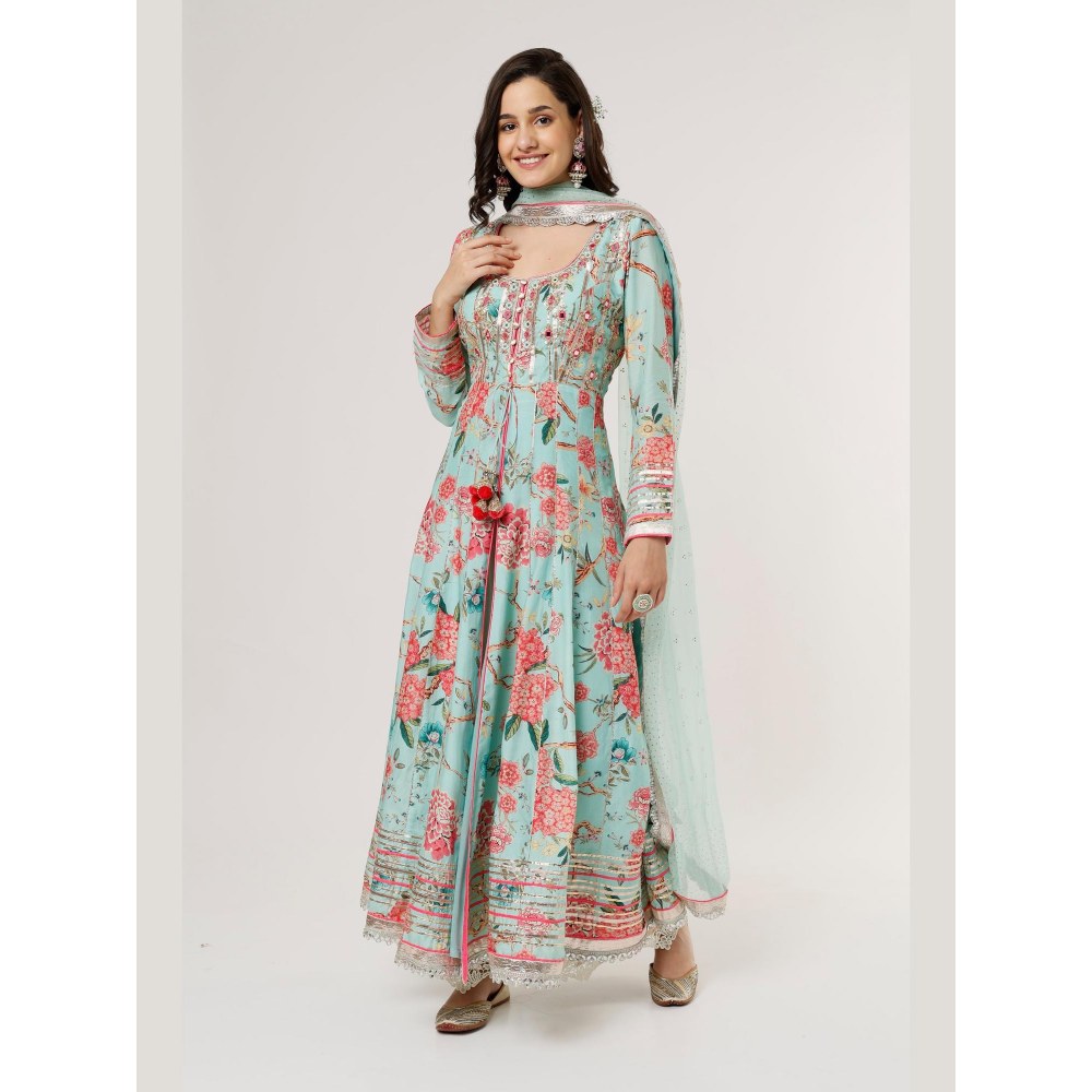 Gopi Vaid Sukhmani Blue Floral Anarkali Kurta with Palazzo and Dupatta