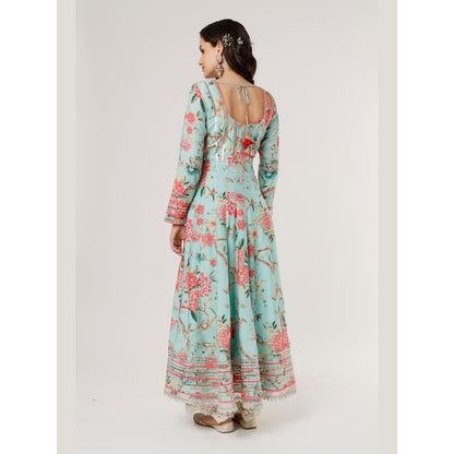 Gopi Vaid Sukhmani Blue Floral Anarkali Kurta with Palazzo and Dupatta