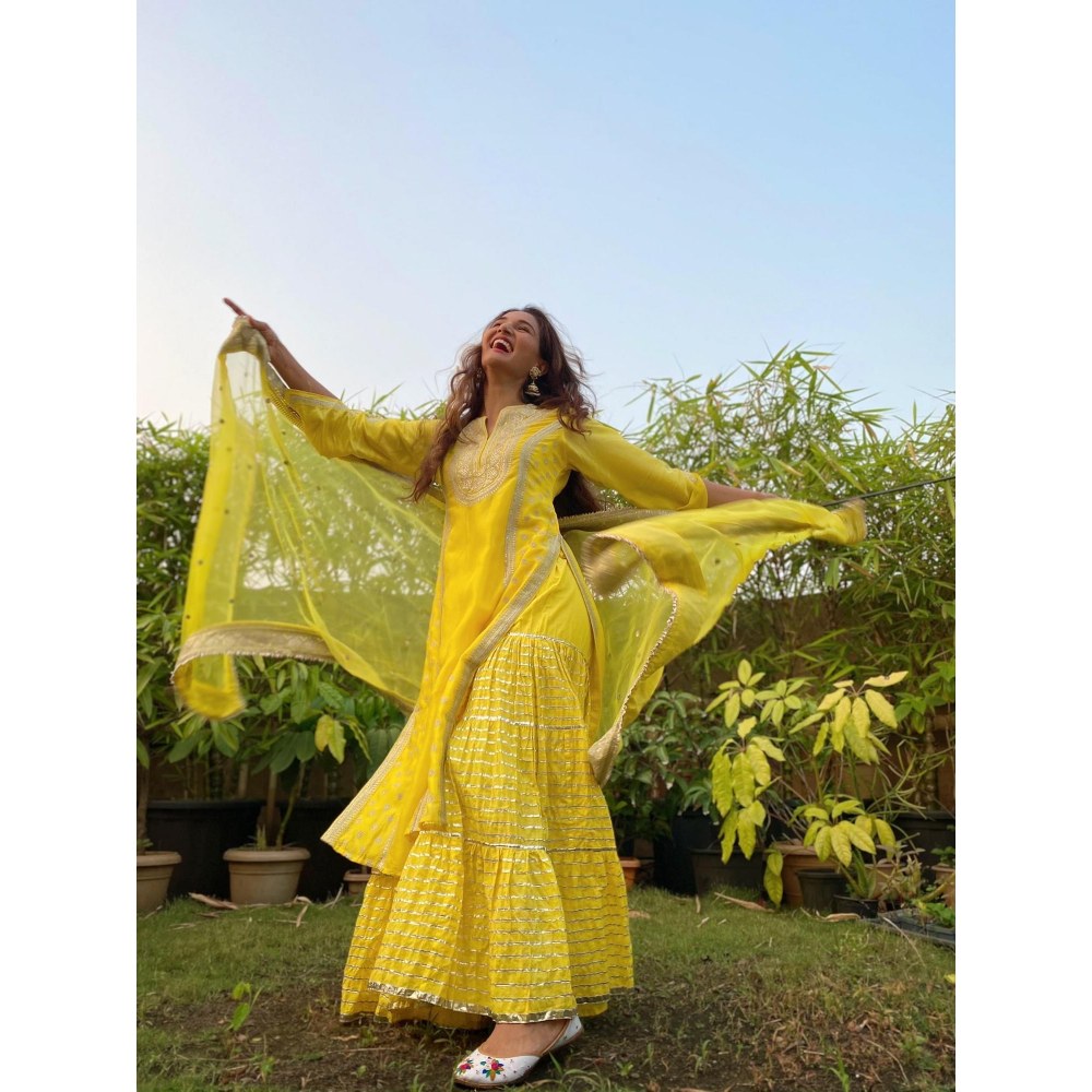 Gopi Vaid Muzaffar Yellow Embroidered Kurta with Sharara and Dupatta