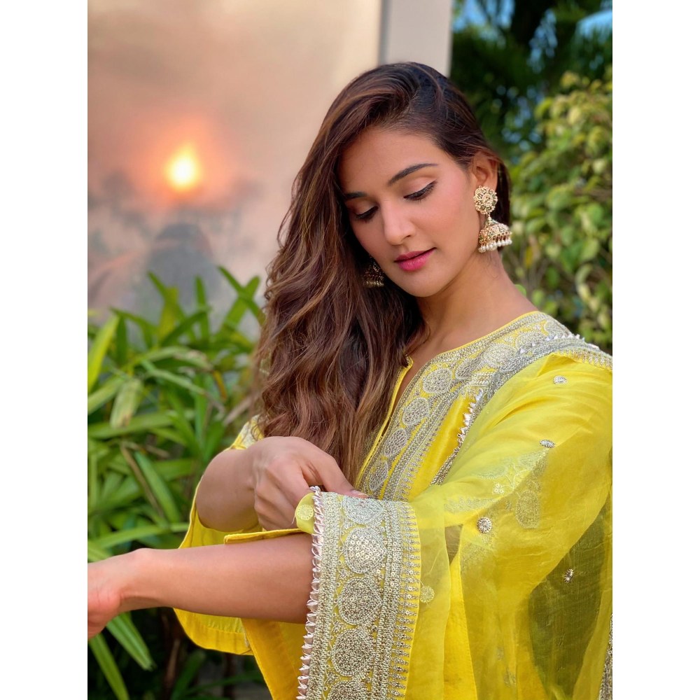 Gopi Vaid Muzaffar Yellow Embroidered Kurta with Sharara and Dupatta