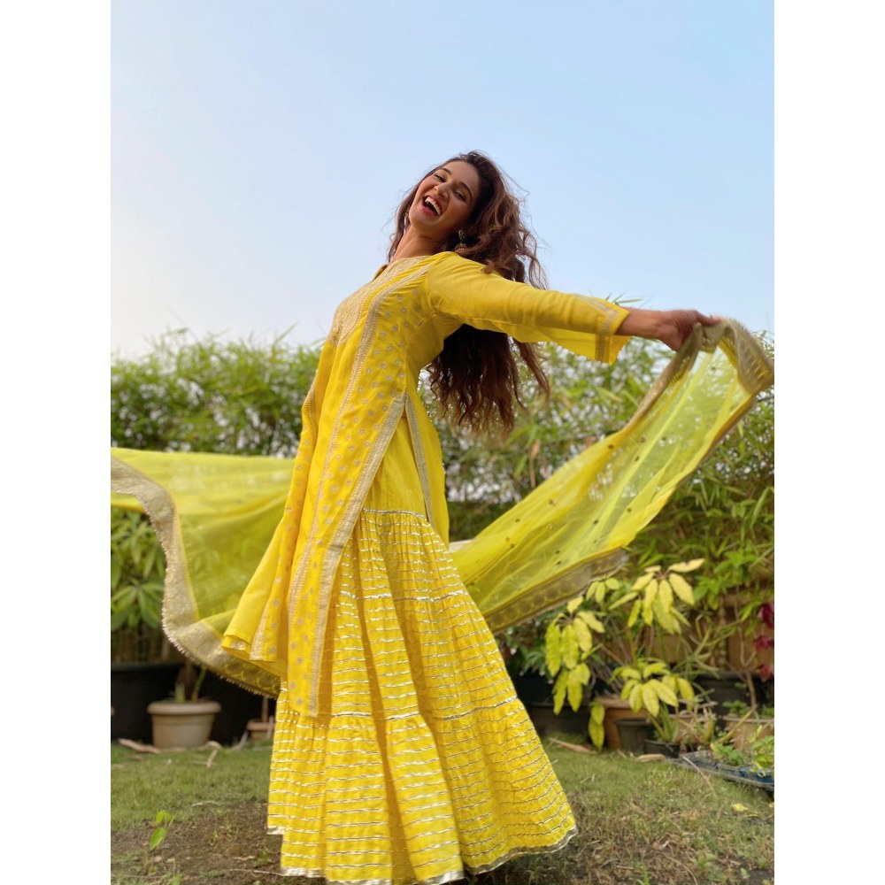 Gopi Vaid Muzaffar Yellow Embroidered Kurta with Sharara and Dupatta