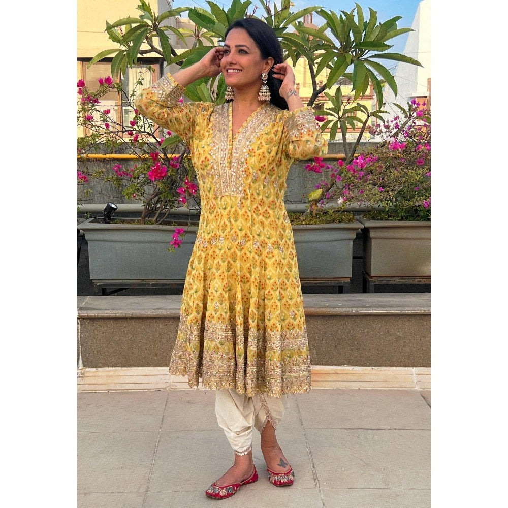 Gopi Vaid Nusrat Yellow Floral Kurta with Dhoti Pant