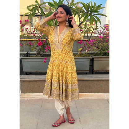 Gopi Vaid Nusrat Yellow Floral Kurta with Dhoti Pant