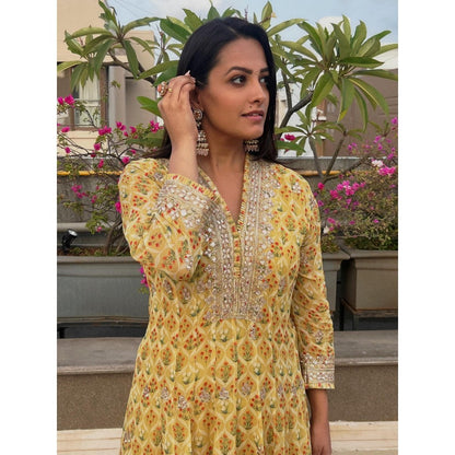 Gopi Vaid Nusrat Yellow Floral Kurta with Dhoti Pant