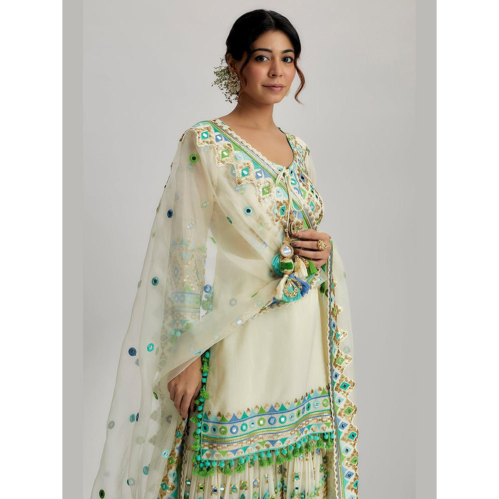 Gopi Vaid Ivory Friya Short Kurta with Sharara and Dupatta
