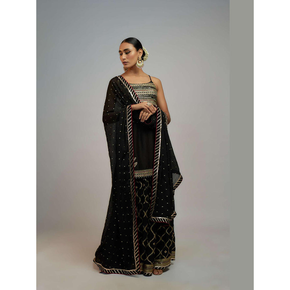 Gopi Vaid Black Golconda Aarva Strappy Kurta with Sharara and Dupatta