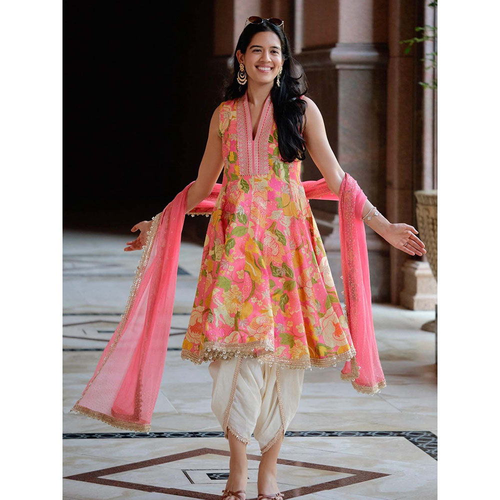 Gopi Vaid Pink Ketki Anarkali Kurta with Dhoti and Dupatta