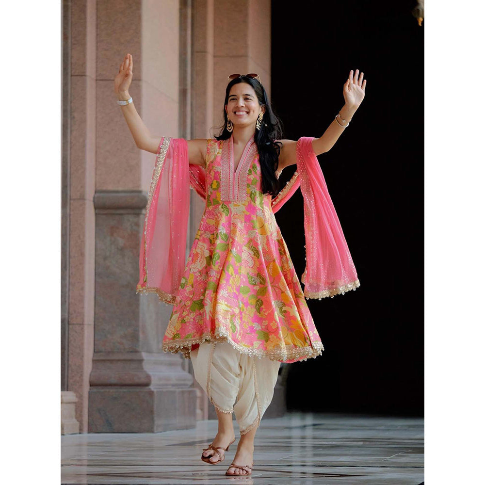 Gopi Vaid Pink Ketki Anarkali Kurta with Dhoti and Dupatta