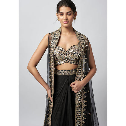 Gopi Vaid Black Namra Blouse with Skirt and Cape