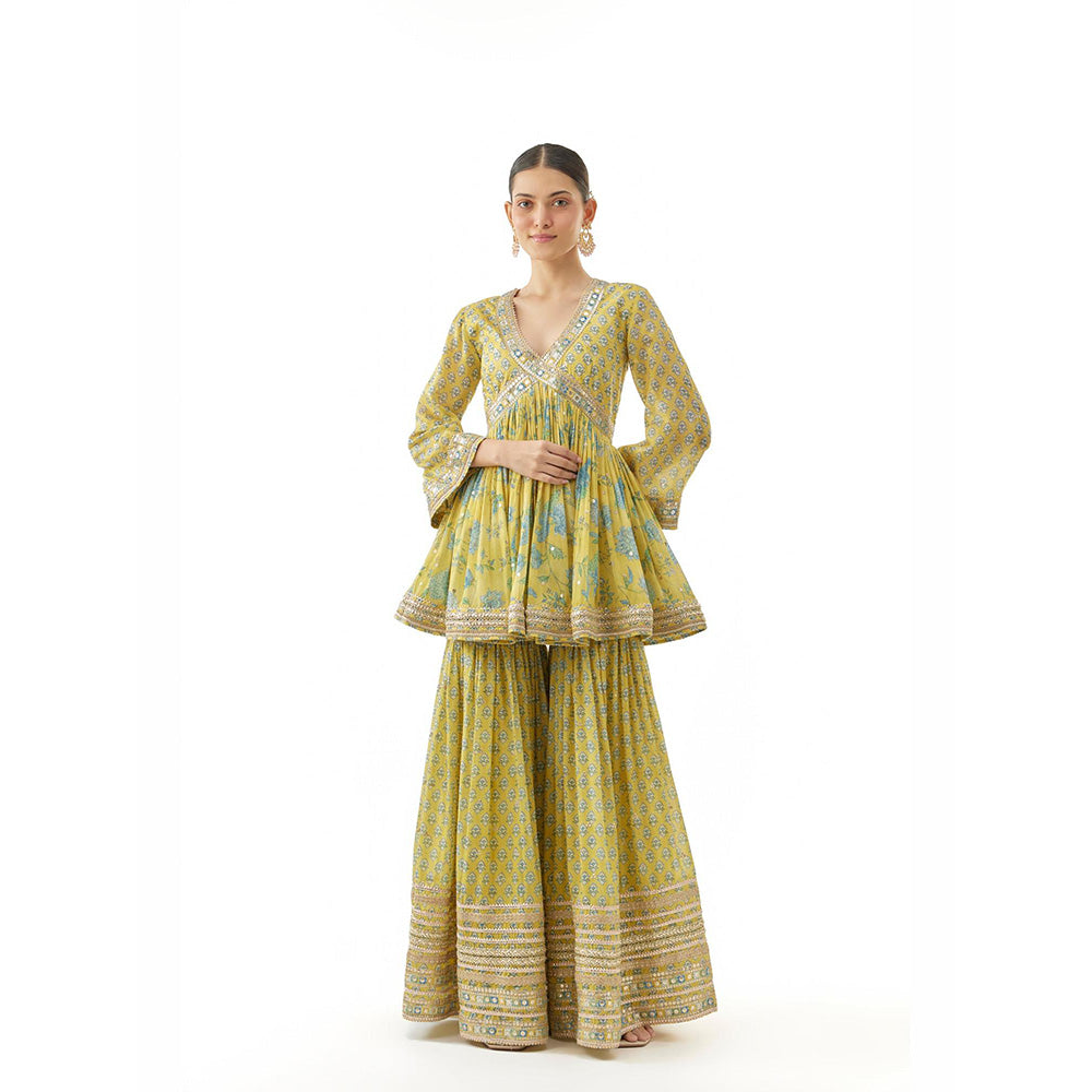 Gopi Vaid Yellow Shveni Peplum Kurta with Sharara and Dupatta