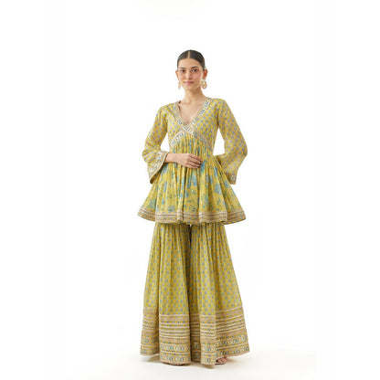Gopi Vaid Yellow Shveni Peplum Kurta with Sharara and Dupatta