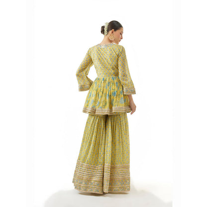 Gopi Vaid Yellow Shveni Peplum Kurta with Sharara and Dupatta