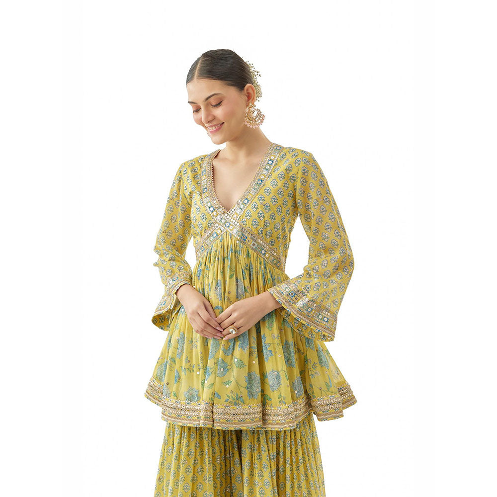Gopi Vaid Yellow Shveni Peplum Kurta with Sharara and Dupatta