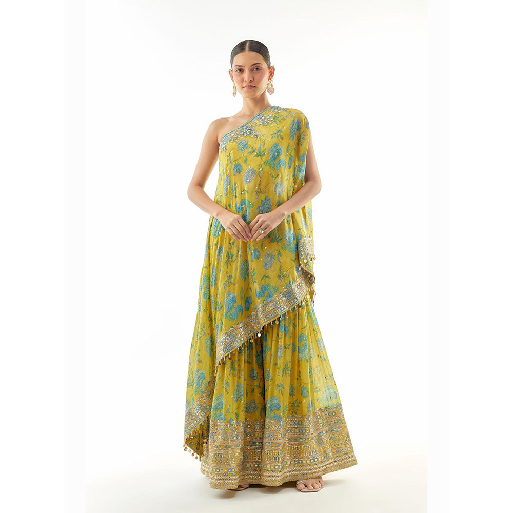 Gopi Vaid Yellow Sumedha One Shoulder Kurta with Sharara and Dupatta