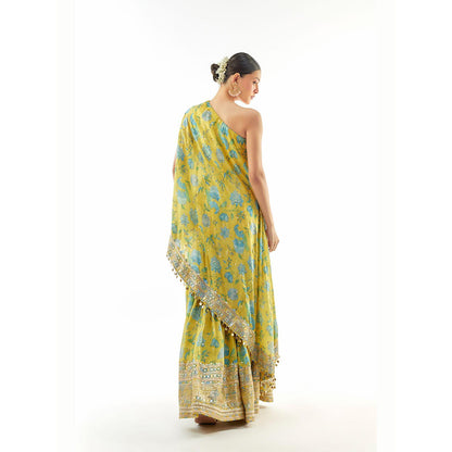 Gopi Vaid Yellow Sumedha One Shoulder Kurta with Sharara and Dupatta