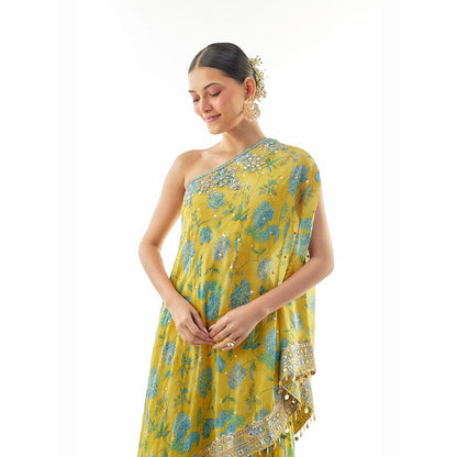 Gopi Vaid Yellow Sumedha One Shoulder Kurta with Sharara and Dupatta