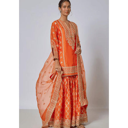 Gopi Vaid Orange Marigold Brocade Short Kurta Garara and Dupatta