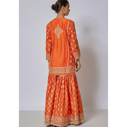 Gopi Vaid Orange Marigold Brocade Short Kurta Garara and Dupatta