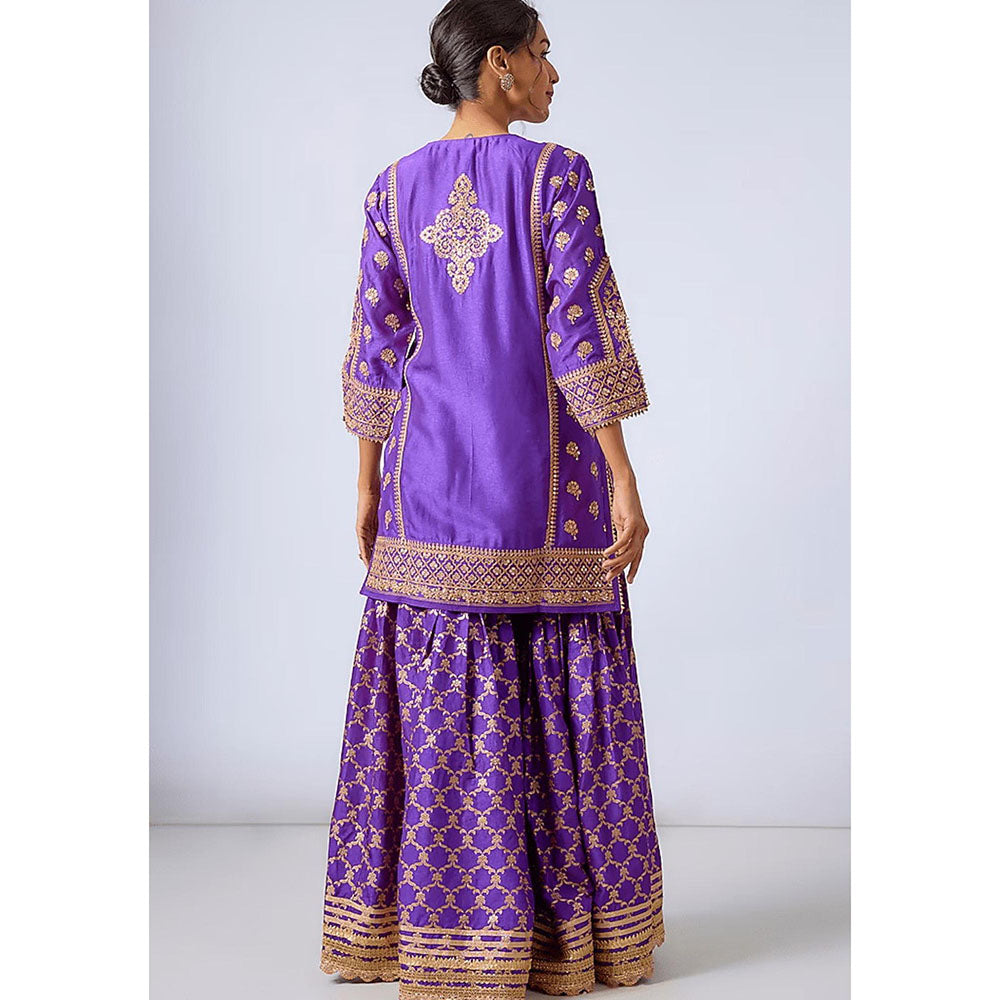 Gopi Vaid Purple Marigold Brocade Short Kurta with Garara and Dupatta