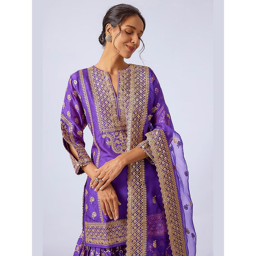 Gopi Vaid Purple Marigold Brocade Short Kurta with Garara and Dupatta