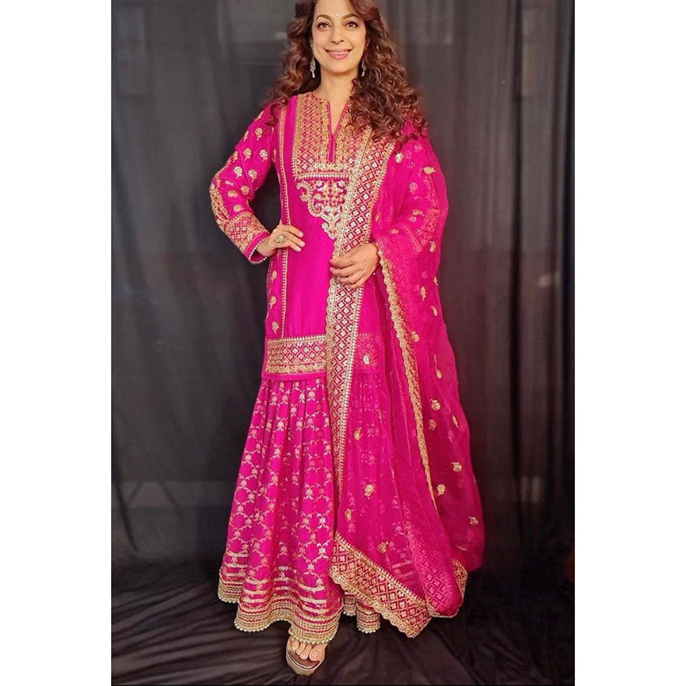 Gopi Vaid Pink Juhi Chawla In Marigold Brocade Short Kurta with Garara and Dupatta