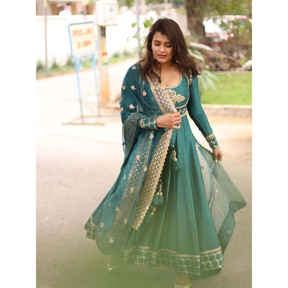 Gopi Vaid Green Brocade Anarkali with Churidar and Dupatta