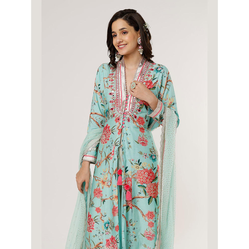 Gopi Vaid Blue Kawal Jacket Style Tunic with Palazzo and Dupatta