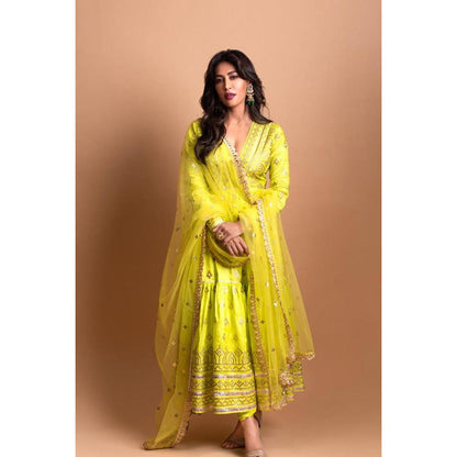 Gopi Vaid Green Suhana Ag Top with Tiered Churidar and Dupatta