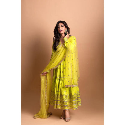 Gopi Vaid Green Suhana Ag Top with Tiered Churidar and Dupatta