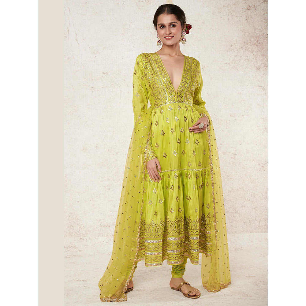 Gopi Vaid Green Suhana Ag Top with Tiered Churidar and Dupatta
