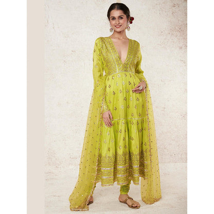 Gopi Vaid Green Suhana Ag Top with Tiered Churidar and Dupatta