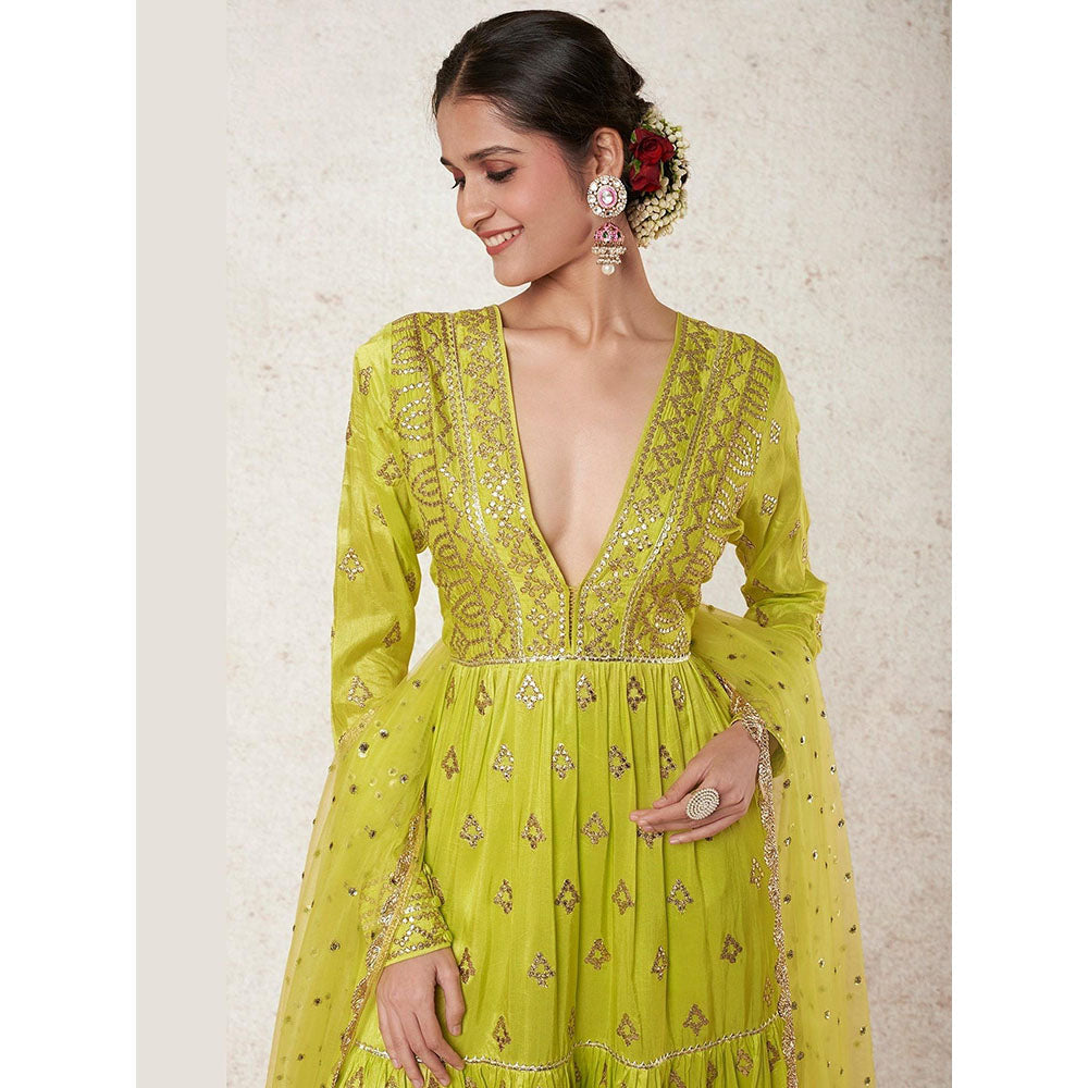 Gopi Vaid Green Suhana Ag Top with Tiered Churidar and Dupatta