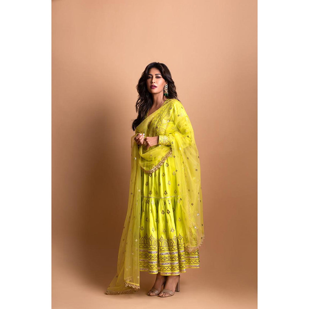 Gopi Vaid Green Suhana Ag Top with Tiered Churidar and Dupatta