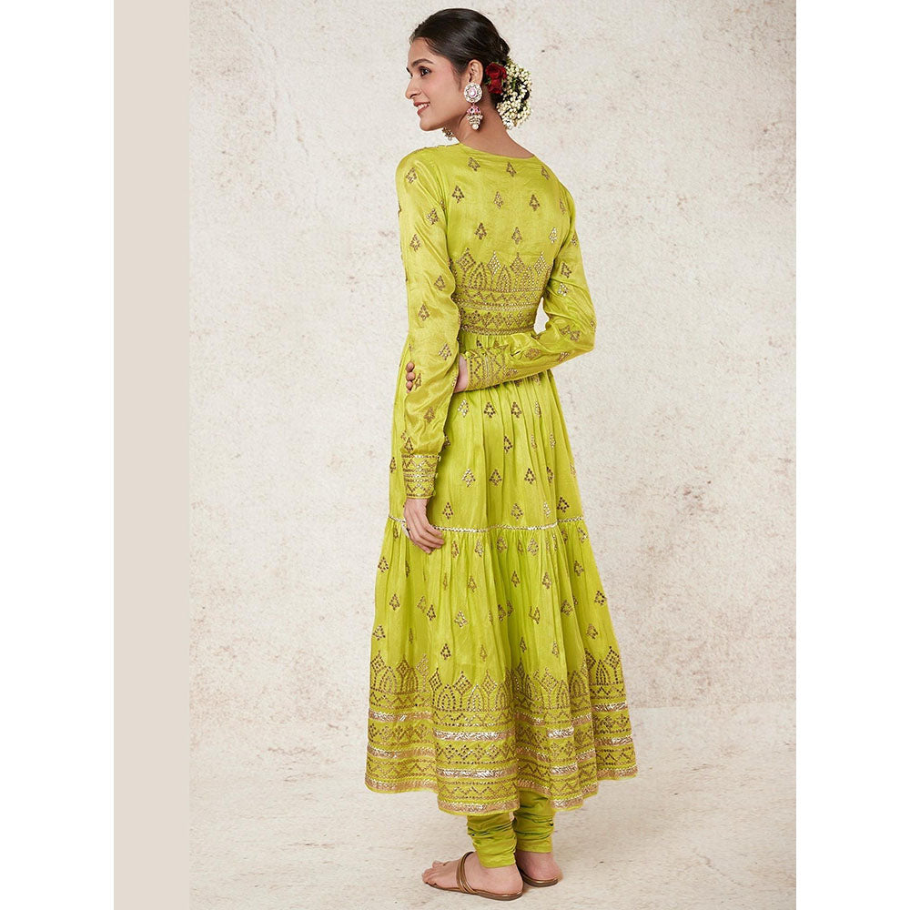 Gopi Vaid Green Suhana Ag Top with Tiered Churidar and Dupatta