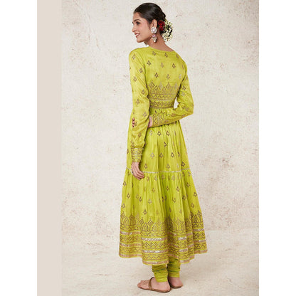 Gopi Vaid Green Suhana Ag Top with Tiered Churidar and Dupatta