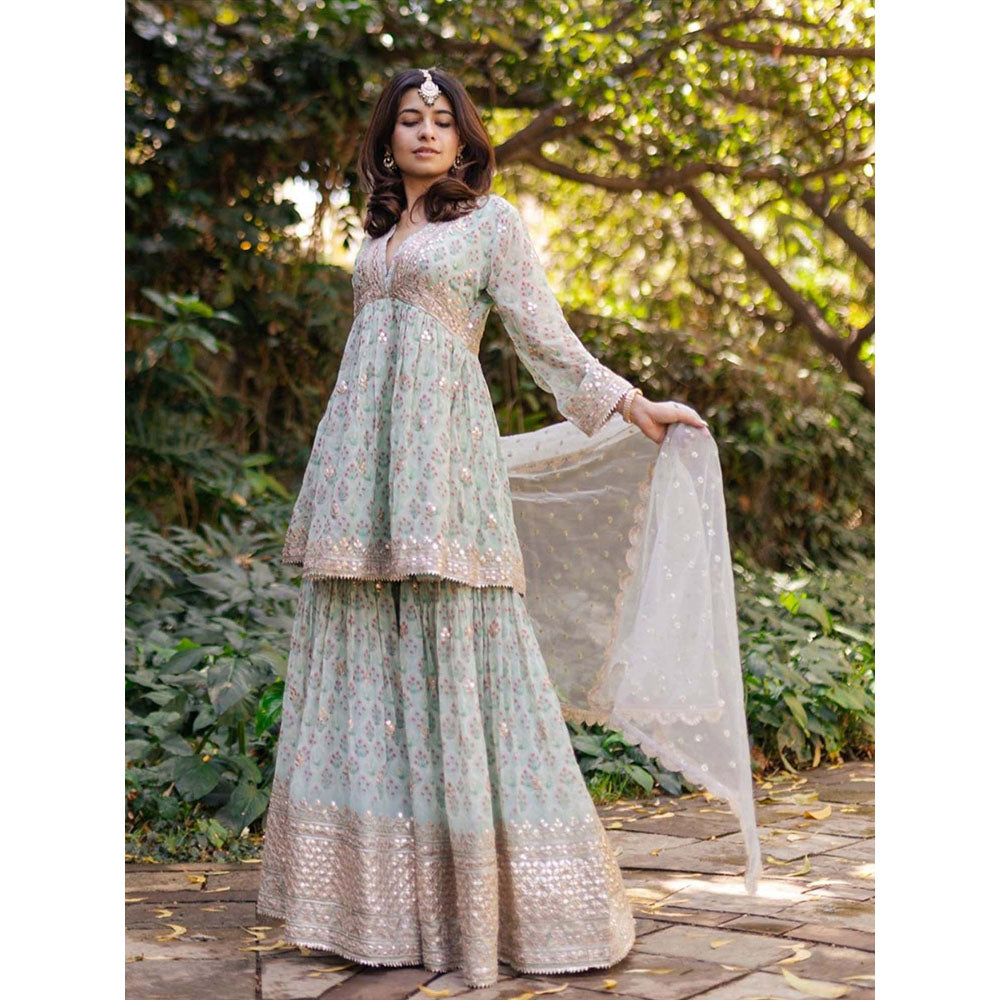 Gopi Vaid Green Nusrat Peplum Kurta with Sharara and Dupatta