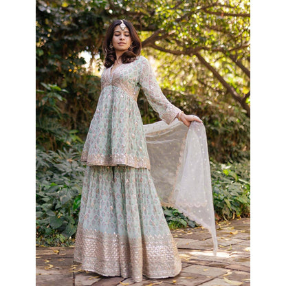 Gopi Vaid Green Nusrat Peplum Kurta with Sharara and Dupatta