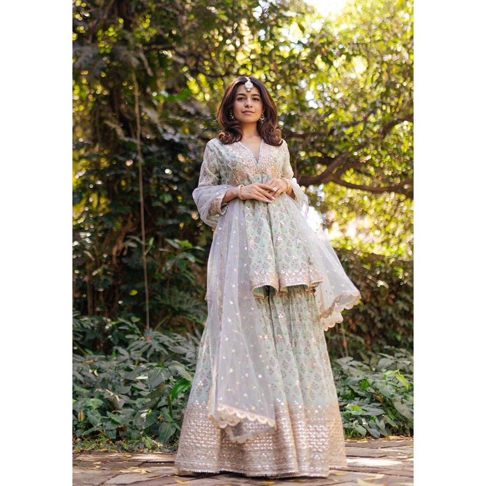Gopi Vaid Green Nusrat Peplum Kurta with Sharara and Dupatta