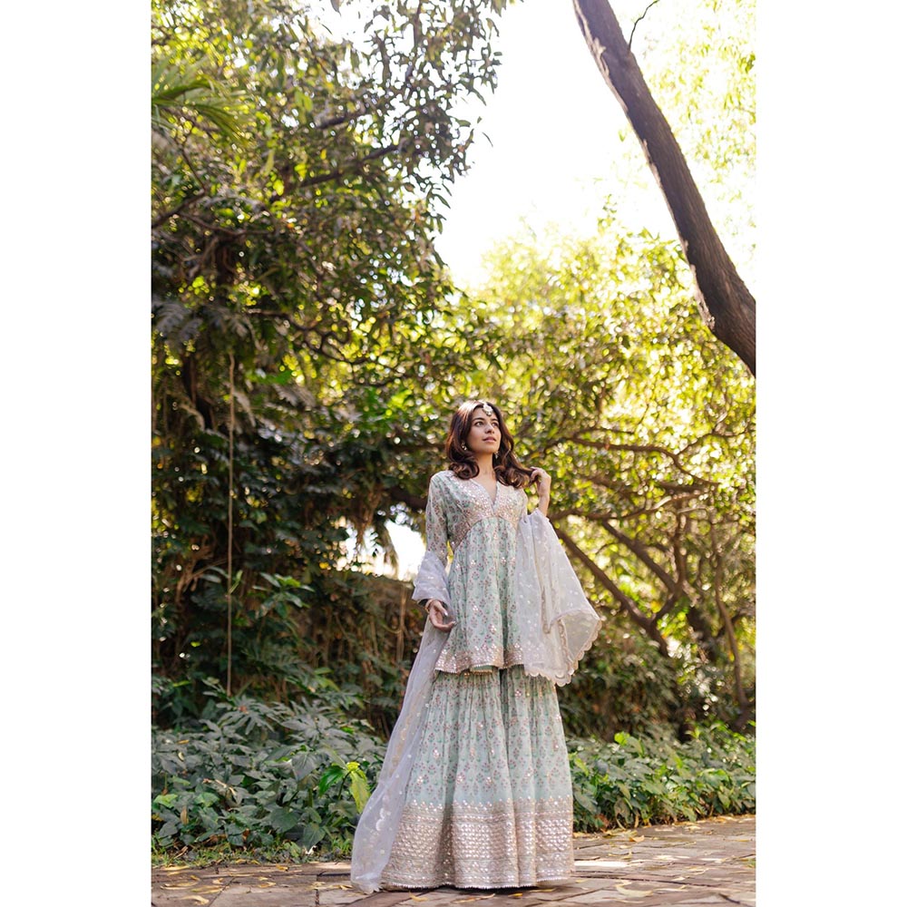 Gopi Vaid Green Nusrat Peplum Kurta with Sharara and Dupatta