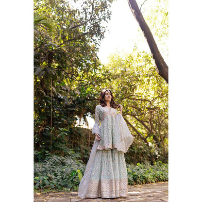 Gopi Vaid Green Nusrat Peplum Kurta with Sharara and Dupatta