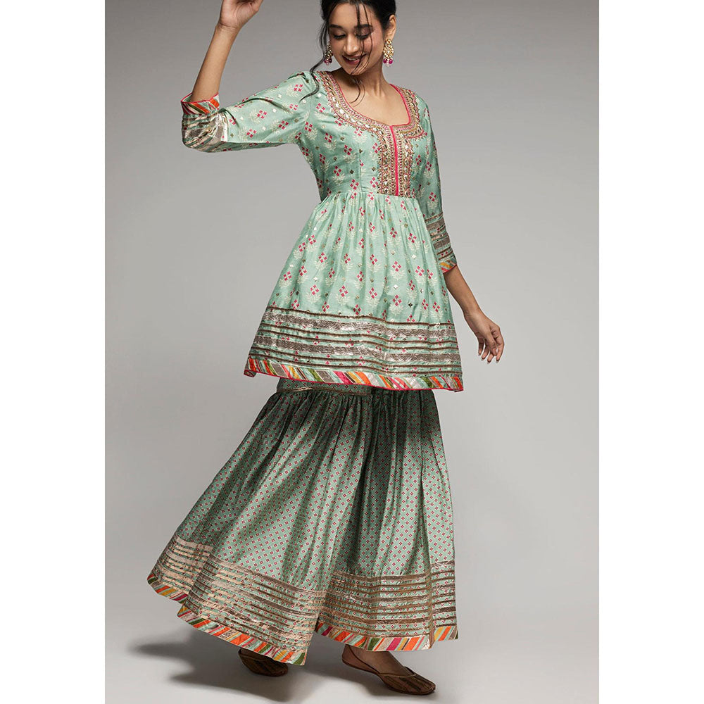 Gopi Vaid Green Tilla Peplum Kurta with Sharara and Dupatta