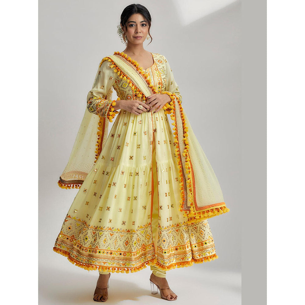 Gopi Vaid Yellow Riana Tiered Ag Kurta with Churidar and Dupatta