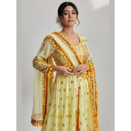 Gopi Vaid Yellow Riana Tiered Ag Kurta with Churidar and Dupatta