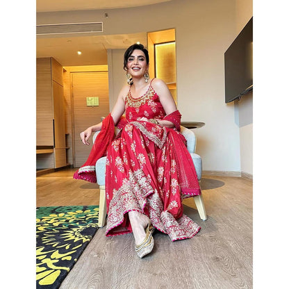 Gopi Vaid Red Advika Strappy Kurta with Sharara and Dupatta