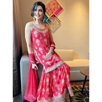 Gopi Vaid Red Advika Strappy Kurta with Sharara and Dupatta