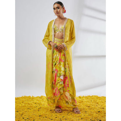 Gopi Vaid Yellow Saisha Drape Skirt with Blouse and Jacket